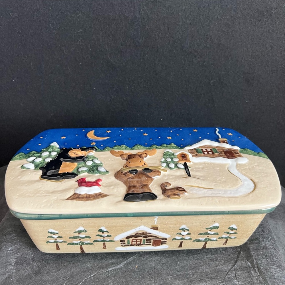 Christmas Sonoma Lodge Casserole Covered Loaf Pan Rustic Moose Bear Embossed